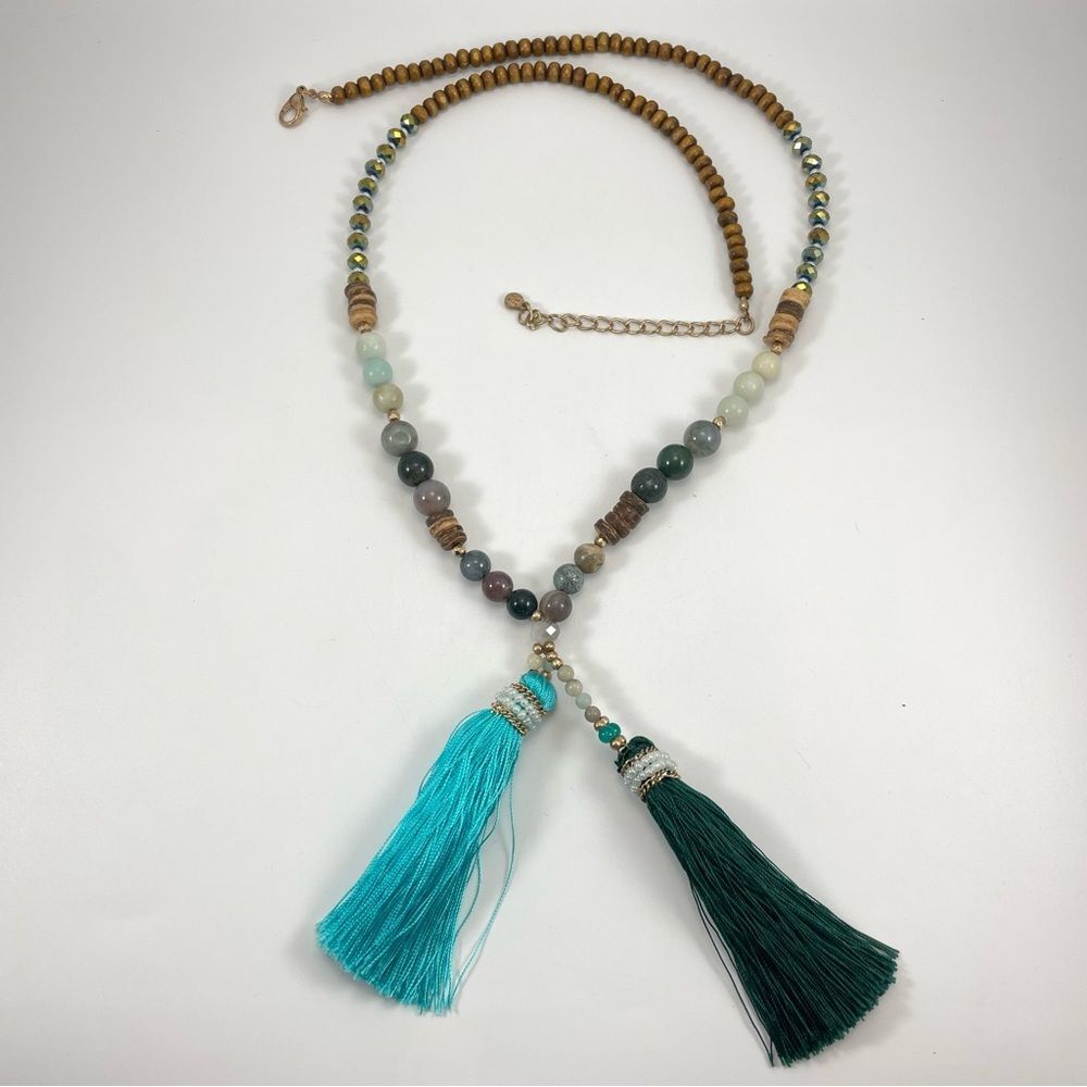 Worthington Wood Glass Stone Beaded Necklace Silk Tassel End Statement Boho
